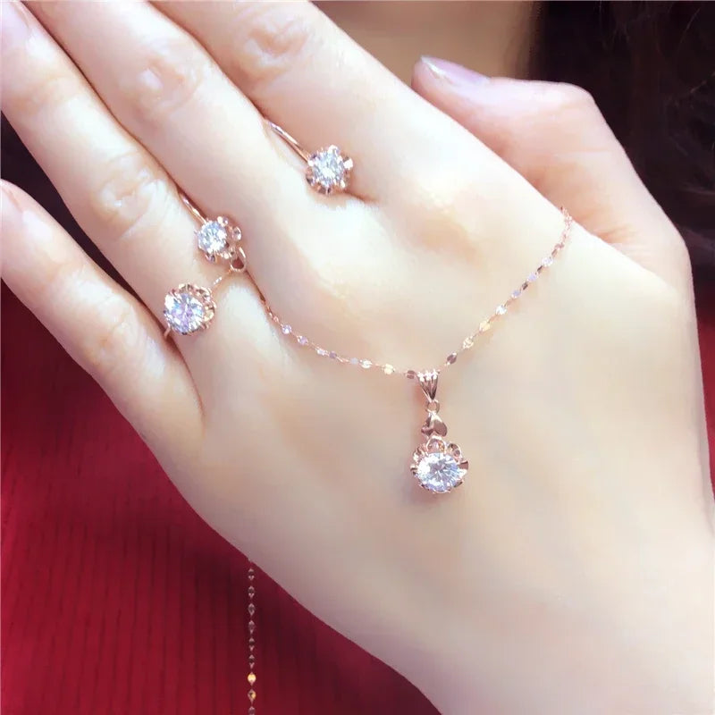 White Shiny Flower Jewelry Set Plated  Rose Gold Earrings for Women Charms Rings Necklace Elegant Light Luxury Necklaces Good Vibrations