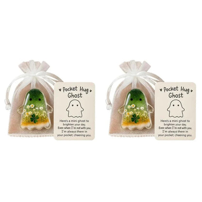 2Pcs Pockets Hug Ghost Halloween Acrylic Mini Ghosts Statue Inspirational Pocket Hug Ornaments With Positive Card For Party Gift Good Vibrations