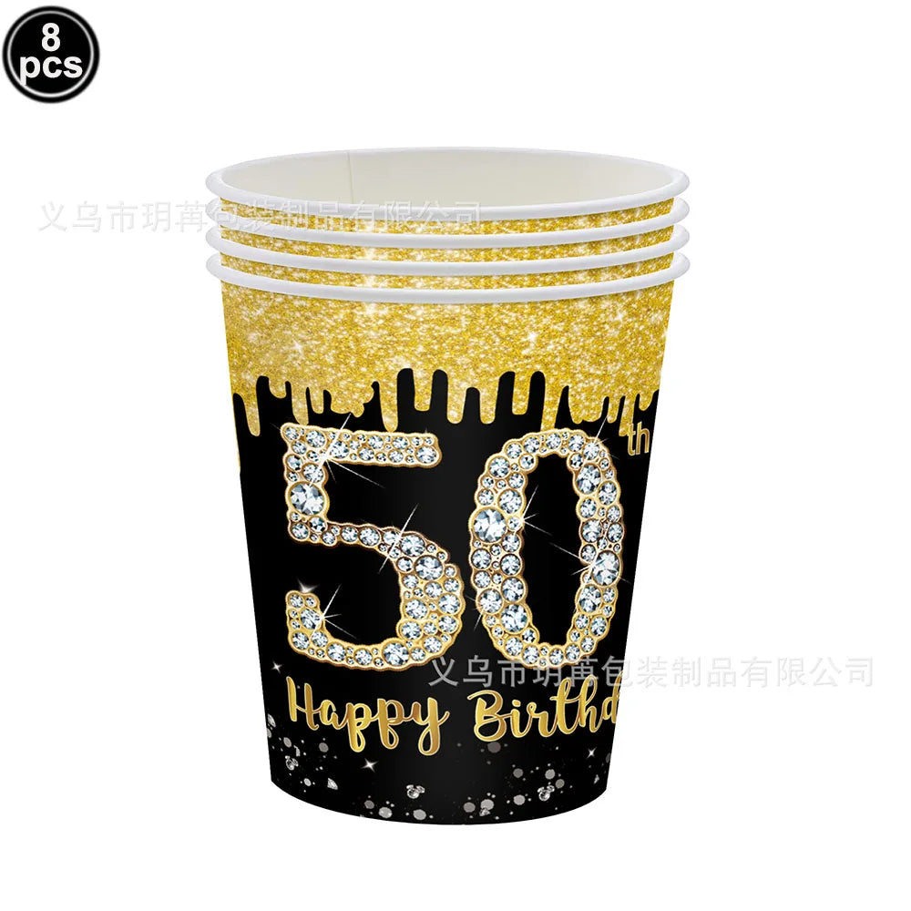 50th Birthday Party Supplies for Men Women Black and Gold 50 Years Old Party Paper Plates Cups Napkin Tablecloth Tableware Decor Good Vibrations