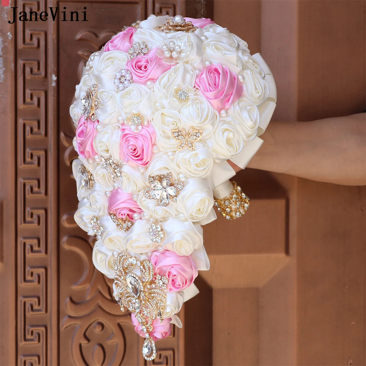 JaneVini Luxury Golden Rhinestones Pink Ivory Cascading Flowers Waterfall Bridal Bouquets Artificial Satin Roses Wedding Bouquet Good Vibrations