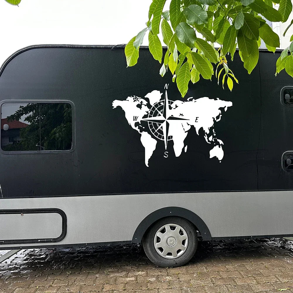 World map compass RV self-adhesive sticker, travel exploration RV, RV, truck, car beauty, scratch cover Good Vibrations