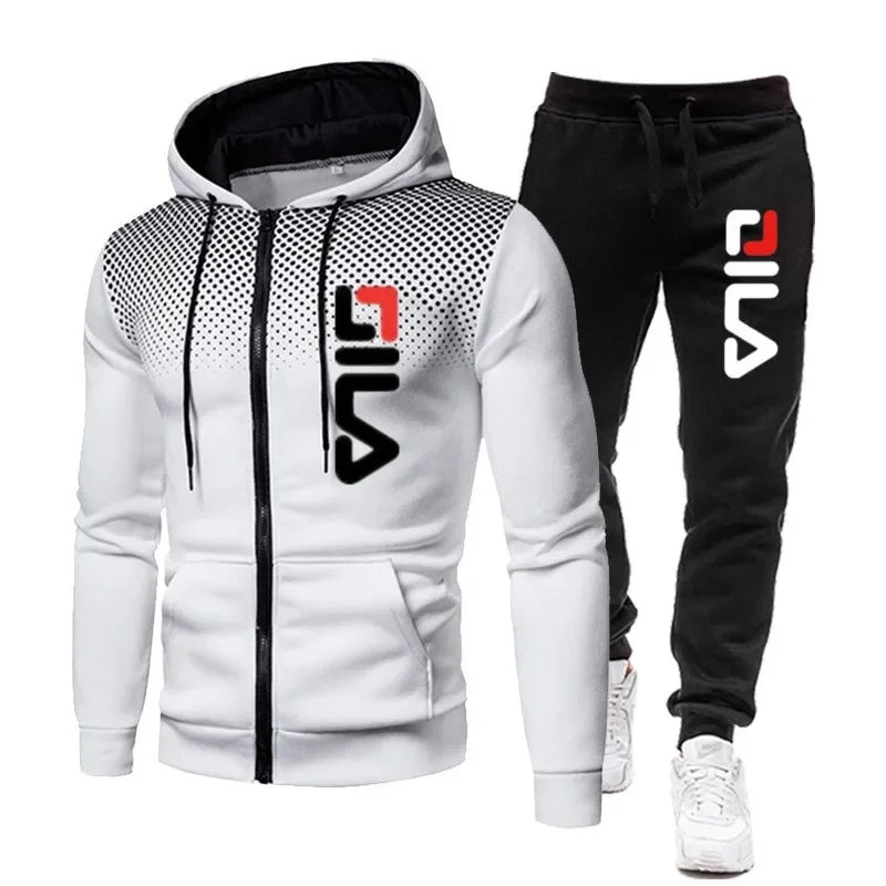 Mens Tracksuits+Sweatpants Two Pieces Suits 2025 Winter Print Zipper Hooded Sweatshirt Casual Fitness Jogging Sports Pants Sets Good Vibrations
