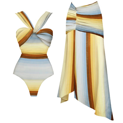 2Pcs Striped Swimsuit With Long Skirt Sexy Women Bikini Push Up Swimwear Halter Biquini Female Bathing Suit Slimming Beachwear Good Vibrations