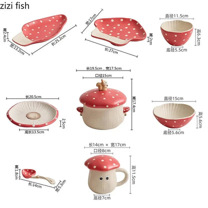 Mushroom Ceramic Tableware Mushroom Rice Bowl Noodles Bowl Soup Pot Flat Plate Sushi Plate Mushroom Mug Spoon Kitchen Tableware Good Vibrations
