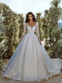 customized Elegant Wedding Dresses Woman Princess Ball Gown Scoop Neck Lace Applique Full Sleeves Bride Gown Vestido De Noiv Good Vibrations