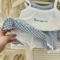 Girls Set Summer Outfit Sweet Bow Letter Suspender Blue Checkered Lace Skirt Two Piece Set 2025 New Children Clothing Good Vibrations