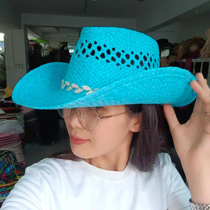 hats straw cowgirl western hat  mexican hat  retro curling hat western cowboy hat outdoor riding hat travel sports hat Good Vibrations