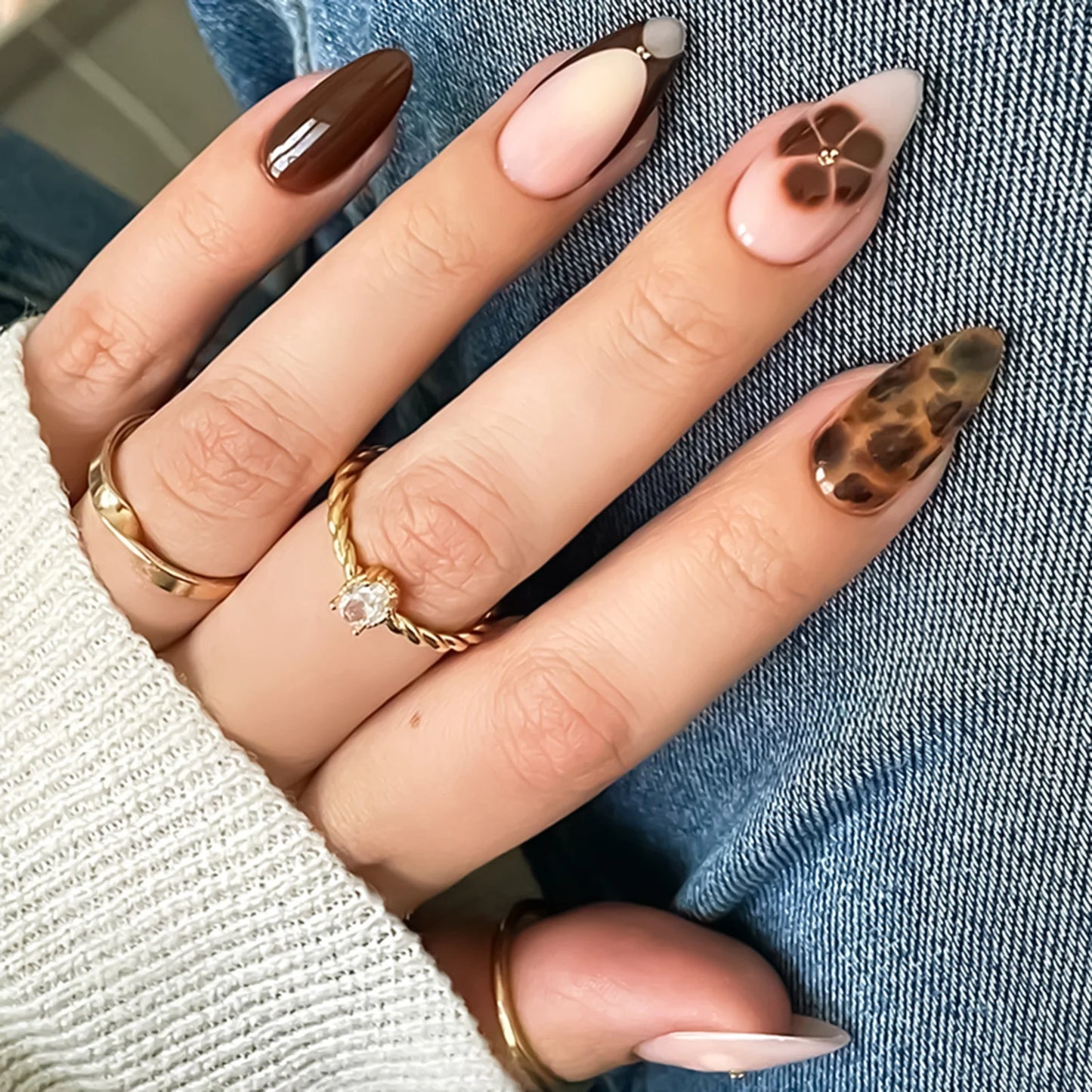 24Pcs Almond Fake Nails Orange Leopard Printed Press on Nails Full Cover Acrylic False Nails Patch for Women DIY Manicure Art Good Vibrations