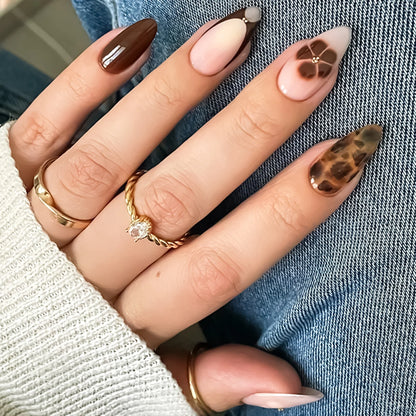 24Pcs Almond Fake Nails Orange Leopard Printed Press on Nails Full Cover Acrylic False Nails Patch for Women DIY Manicure Art Good Vibrations