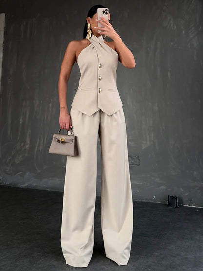 Summer Outfits for Women Halter Neck Waistcoat and High Waist Suit Pants Two Piece Set Office Wear Ladies Casual Suit Good Vibrations