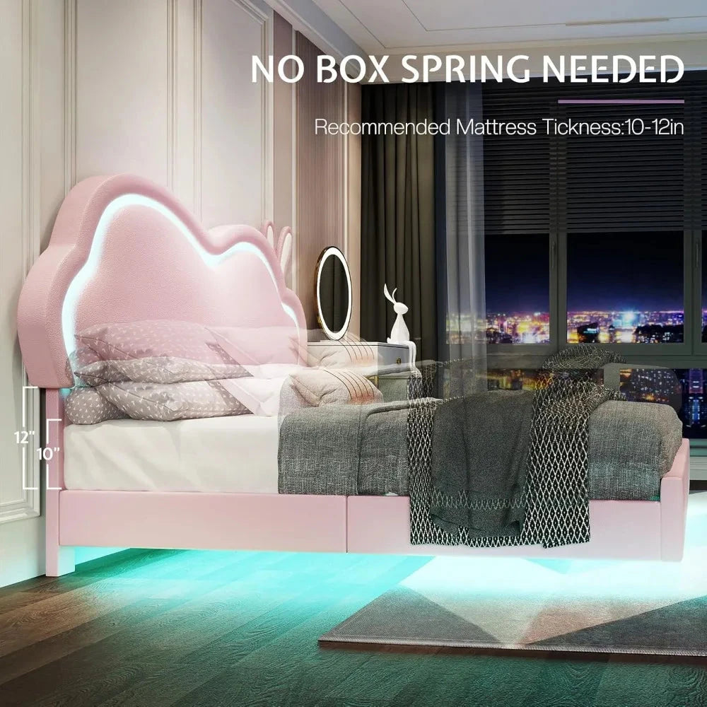 Jocisland Twin LED Bed Frame for Girls Upholstered Floating Bed with Cute Cloud Headboard, No Box Spring Needed, Leather, Pink Good Vibrations