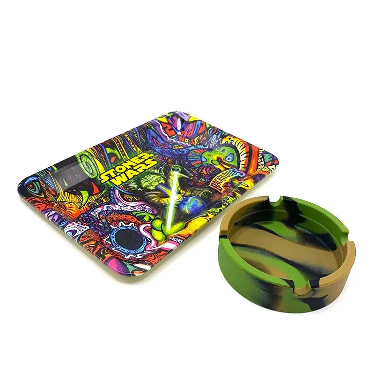 Cigarette Holder Ash Tray with colorful rolling tray and green silicone round ashtray.