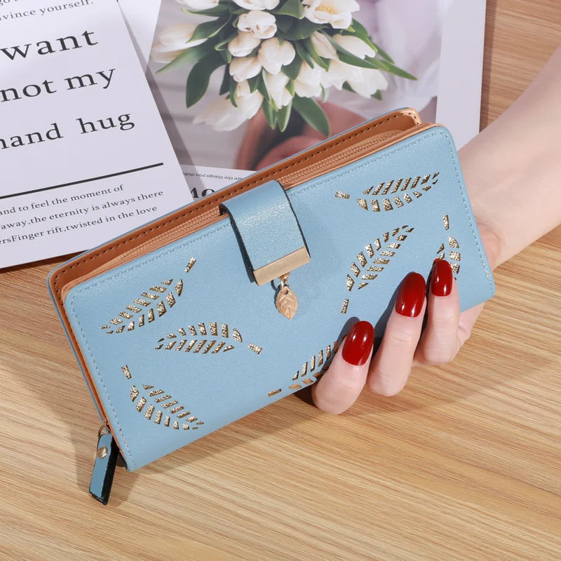 Women Wallet PU Leather Purse Female Long Wallet Gold Hollow Leaves Pouch Handbag For Women Coin Purse Card Holders Clutch Good Vibrations