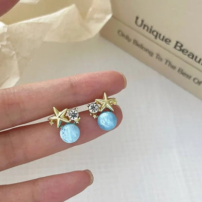 Fashion Asymmetric Ocean Style Earrings Stud  For Women Starfish Shell Earring Ear Ring Imitation Pearl Zircon Jewelry Gift Good Vibrations