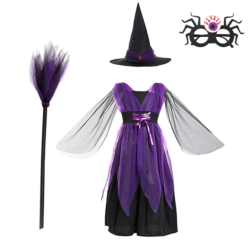 Halloween Costume for Girls Witch Vampire Carnival Party Dress Up Trappings Kids Cosplay Clothes Purple Bat Suit Holiday Gifts Good Vibrations