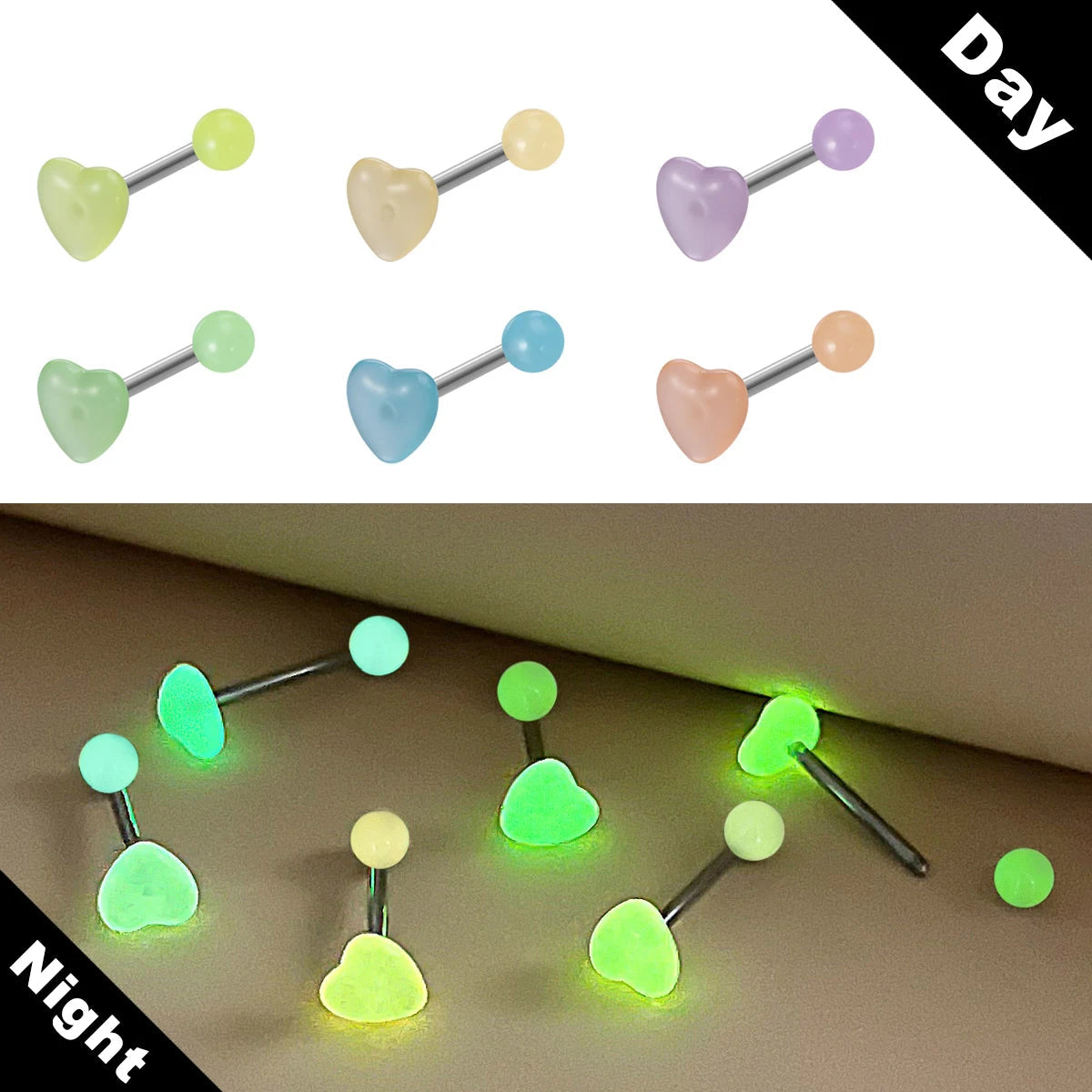 6pcs Heart Acrylic Glowing Tongue Ring Barbell 316L Stainless Steel Bar Tongue Piercing Body Jewelry 14G Good Vibrations