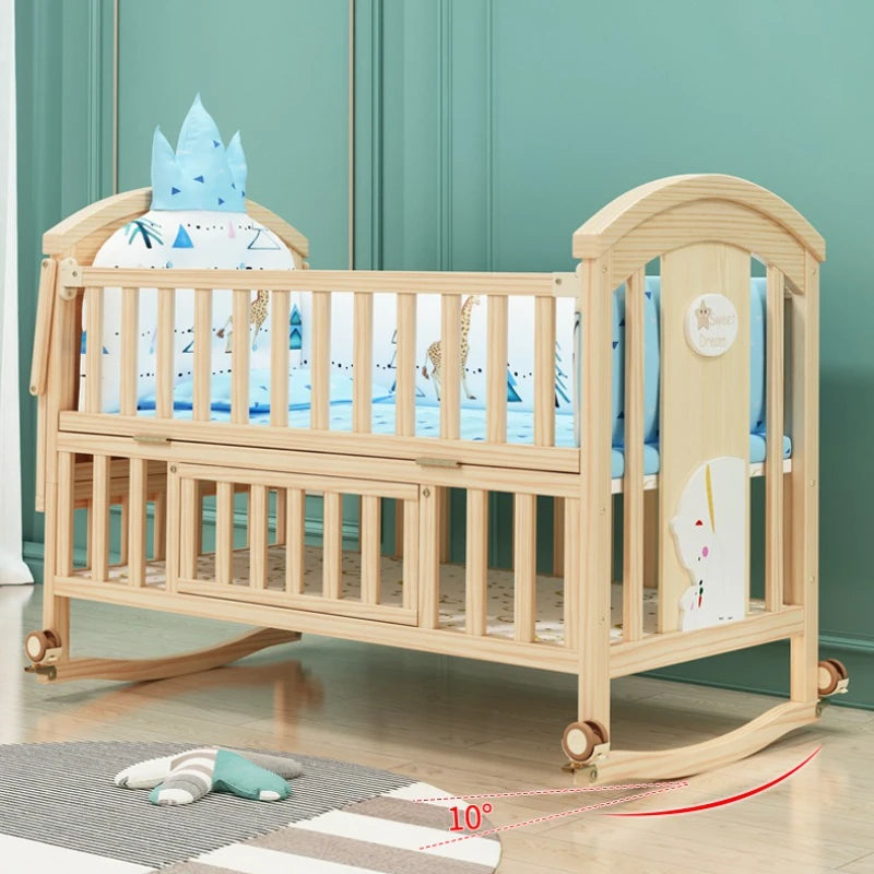 Comfortable Baby Bed,Solid Wood,Movable,with Diaper Changing Table and Mosquito Net,Multifunctional Baby Bed, Adjustable Height Good Vibrations
