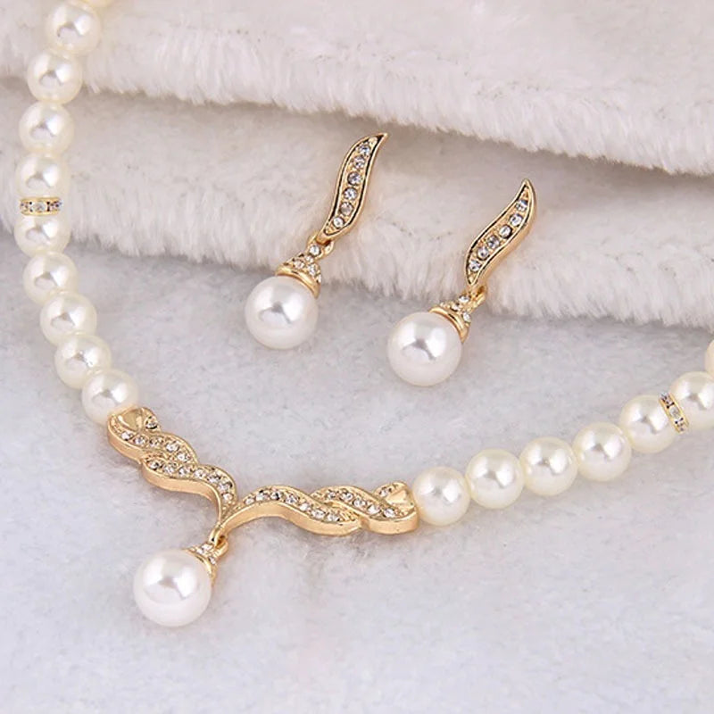Creative Gold Color Necklace + 1 Pair Earrings Wedding Bridal Pearl Jewelry Set For Women Lady Female Good Vibrations Adult Super Store
