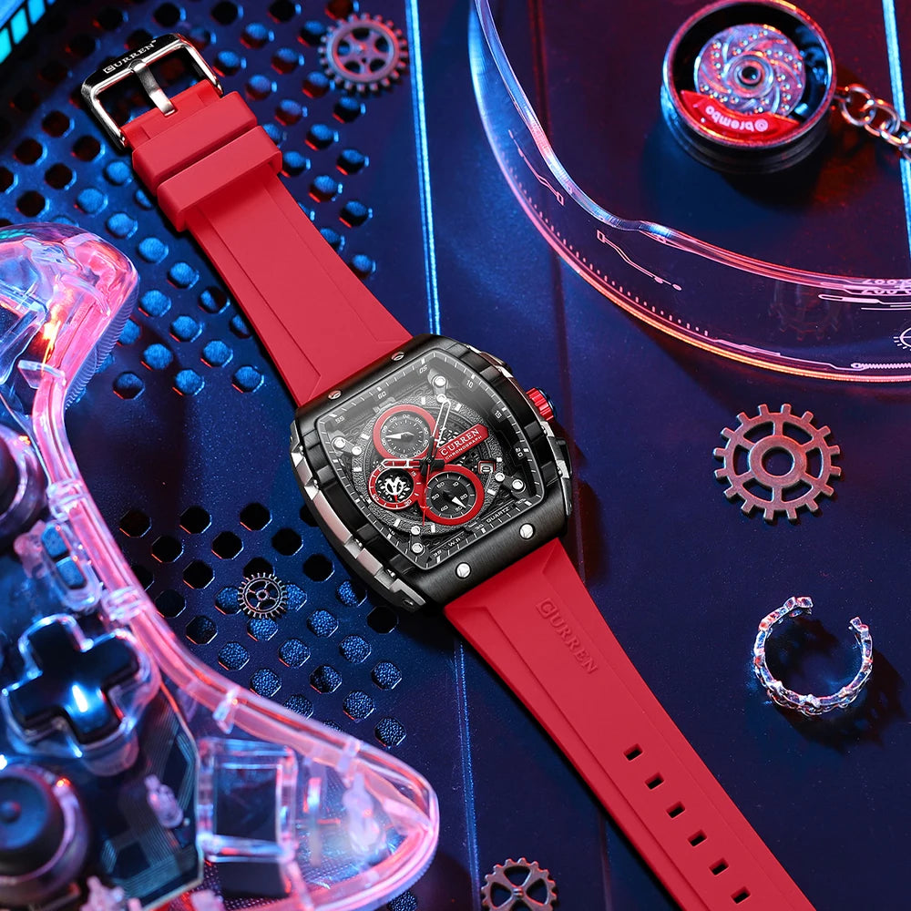 CURREN Sports Unique Rectangular Watches with Large Dial Casual Quartz Silicone Bands Wristwatches with Auto Date Good Vibrations