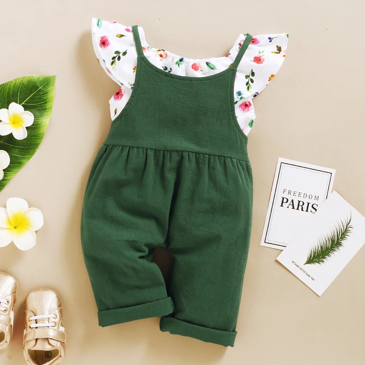 1-5Years Toddler Girl Clothes Set Floral Print Lotus Leaf Sleeve Top+ Suspender Pant Summer Fashion  2PCS Outfits for Kids Girl Good Vibrations