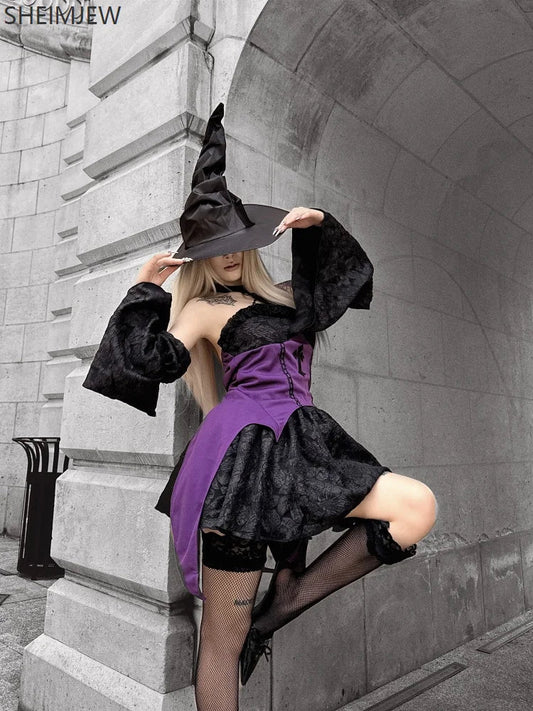 Halloween Witch Costume Role Play Costume Adult Carnival Party Evil Wizard Dress Hat Top Skirt Sleeves Women's Fancy Dress Suit Good Vibrations