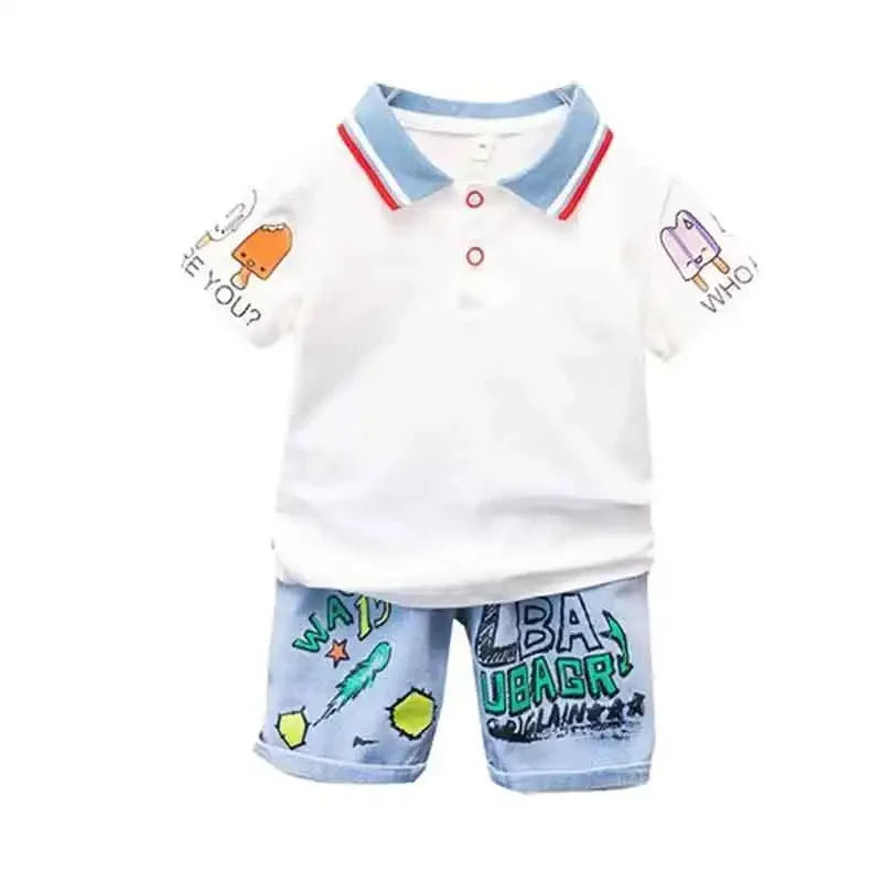 Boys Outfit T-Shirt and Jeans Korean Polo Fashion 2PCS Casual Clothing Korean Reviews  2025 Summer Top Toddler Kids Clothes Sets Good Vibrations