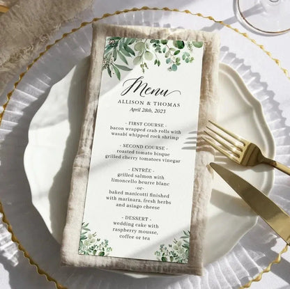 Customizable Wedding Menu, Personalized Wedding Menu, Green leaves and Flowers Menu Cards for Wedding, Custom Wedding Table Menu Good Vibrations