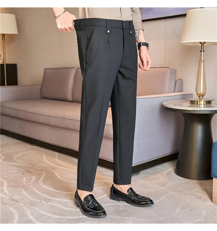 Mens Suit Pants 2025 Autumn New British Style Elastic Waist Solid Casual Formal Dress Pants Slim Fit Trousers for Men Clothing Good Vibrations