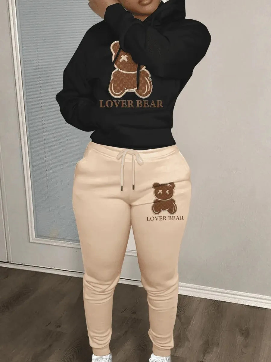 Autumn and winter women's loose and fashionable plus size cartoon bear print hooded sweater+woolen pants set Good Vibrations