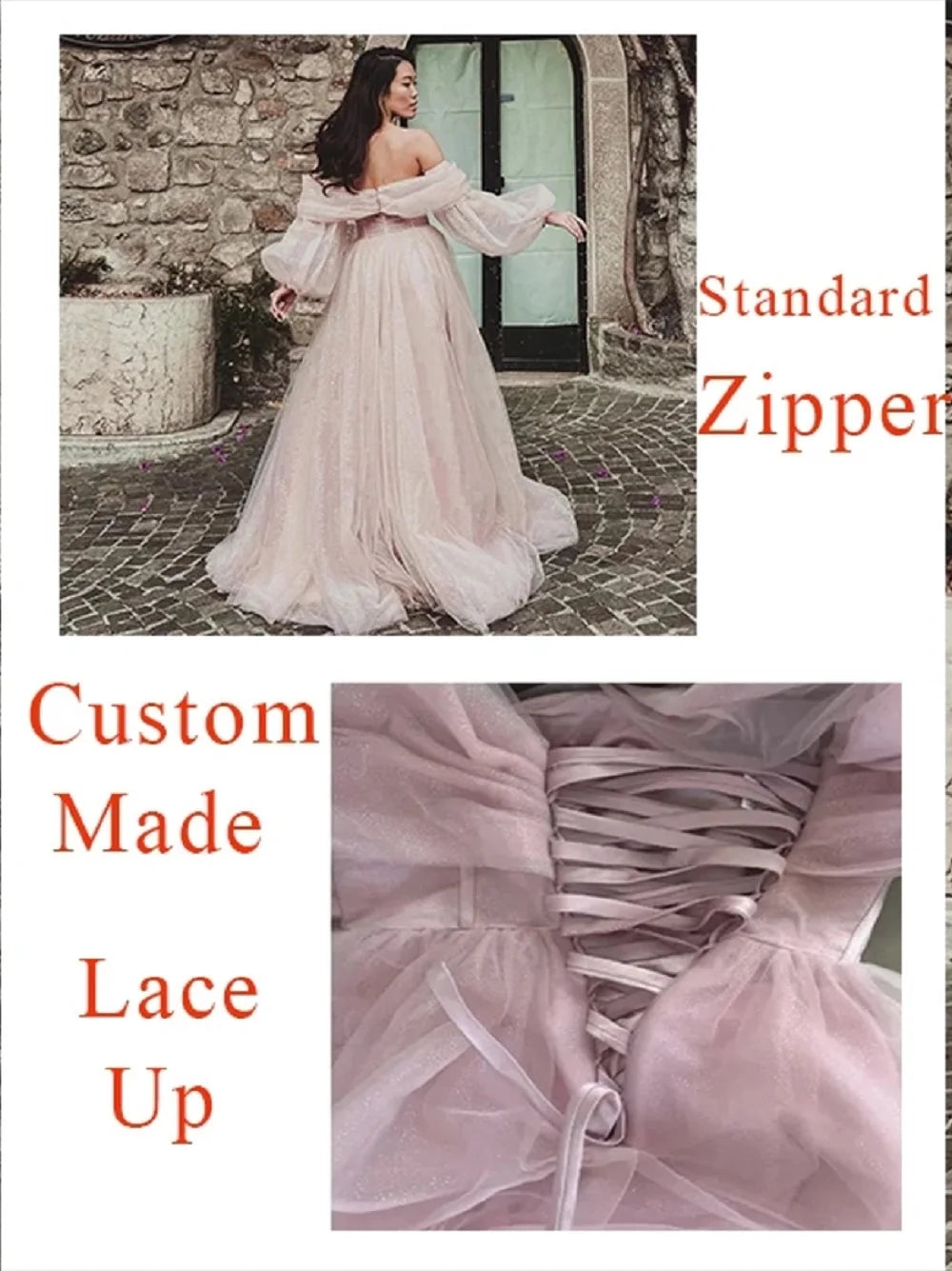 Bafftafe Customized Pink Shiny Tulle Prom Dresses Off Shoulder Long Puff Sleeve Evening Party Gowns Slit Women Wedding Dress Good Vibrations