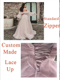 Bafftafe Customized Pink Shiny Tulle Prom Dresses Off Shoulder Long Puff Sleeve Evening Party Gowns Slit Women Wedding Dress Good Vibrations