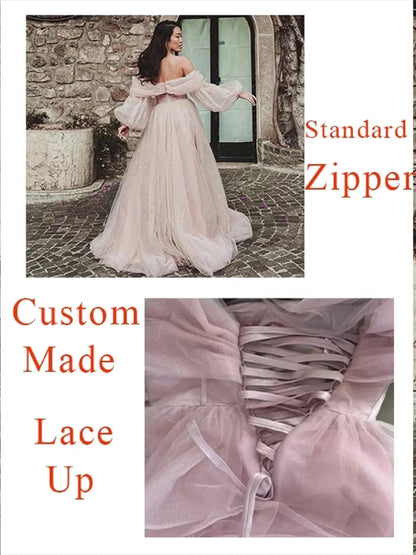 Bafftafe Customized Pink Shiny Tulle Prom Dresses Off Shoulder Long Puff Sleeve Evening Party Gowns Slit Women Wedding Dress Good Vibrations