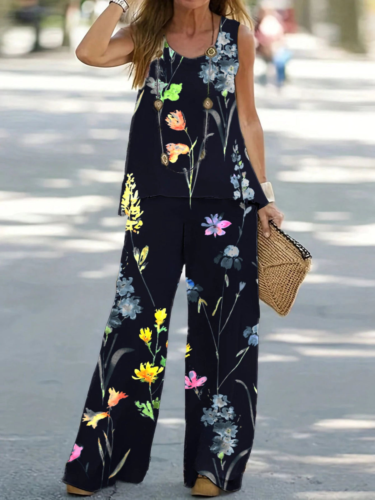 1XL-8XL Plus Size Women's Casual Outfits Two Piece Set Solid Round Neck Tank Top  Wide Leg Pants Outfits 2 Piece Set Good Vibrations