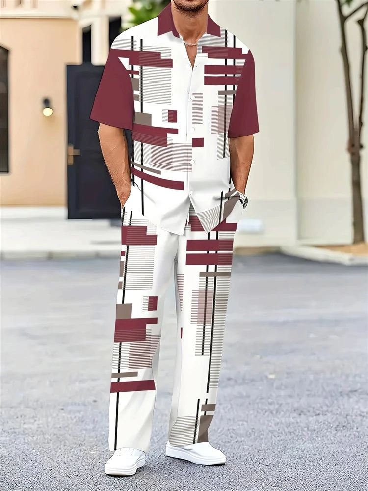 2025 Autumn Geometric Color Block Printed Short-sleeved Set, 2pcs Daily Casual And Loose Men's Shirt Set, Casual And Fashionable Good Vibrations