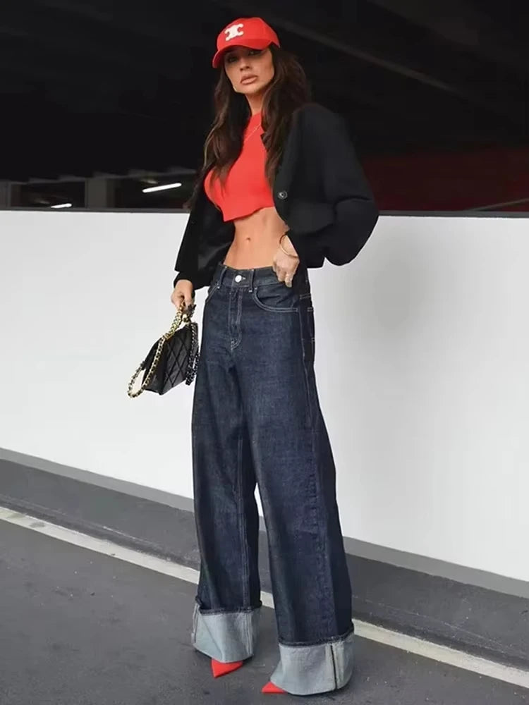 HH Women Fashion Denim Set Casual Lapel Long Sleeve Crop Jacket Buttons Female Vintage Wide Leg Loose Jeans Long Pants Good Vibrations