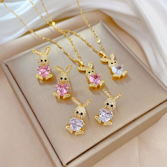Stainless Steel Jewelry Sets for Woman Girls Shining Austrian Crystal Cute Rabbit Pendant Necklace Huggie Earrings Birthday Gift Good Vibrations Adult Super Store