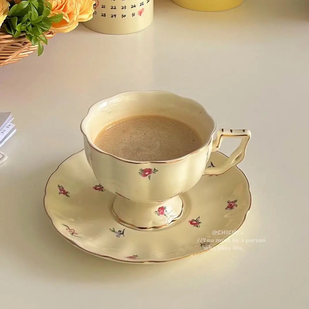 Ceramic Tea Cups Plate Set  Exquisite Afternoon Tea Coffee Cup Cream Color High Beauty Household Mug Birthday Gift 250ml Good Vibrations