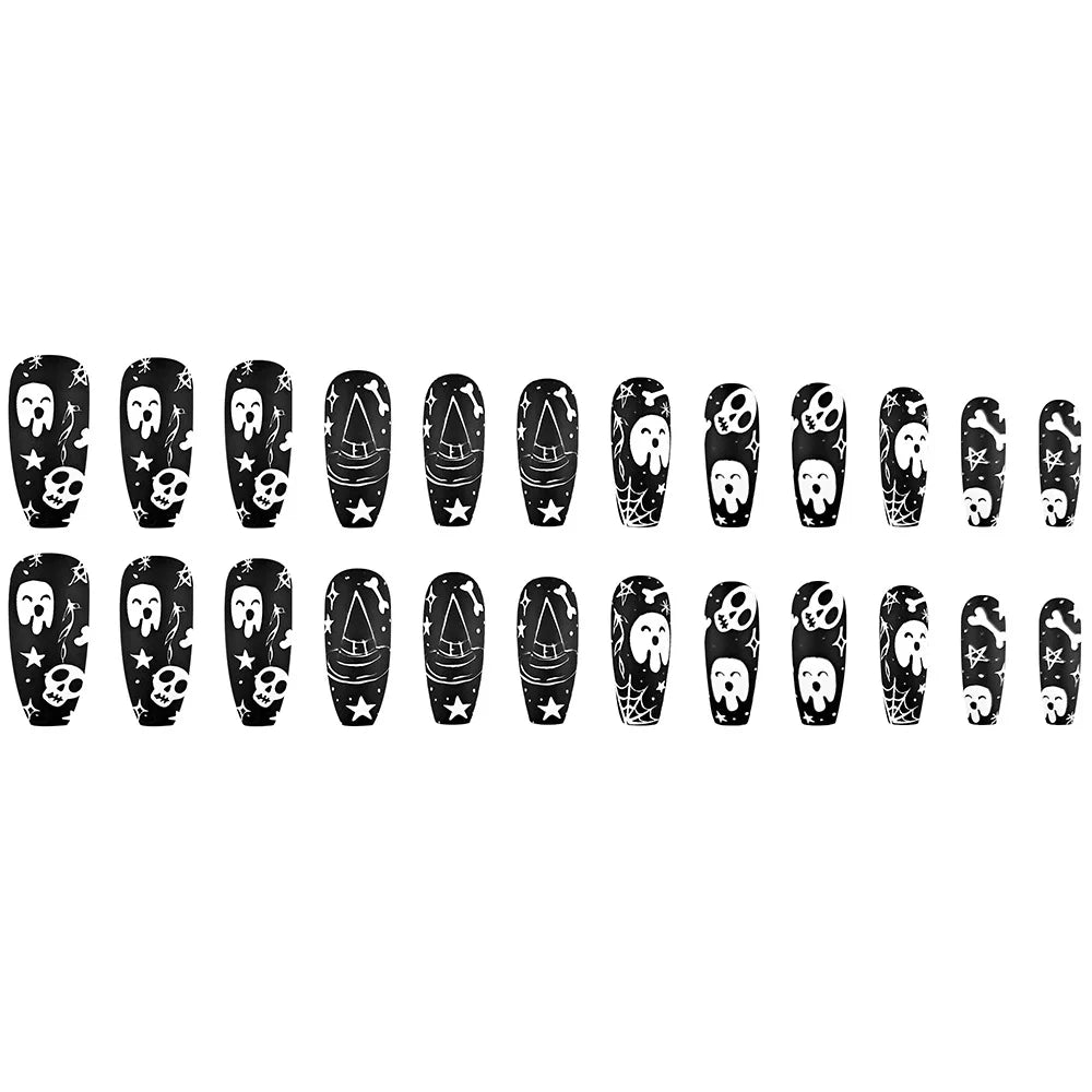 24pcs Halloween Press on Nails with Skull Black Spider Wed Design French Fake Nail Patch Full Cover Wearable False Nail Tips Good Vibrations