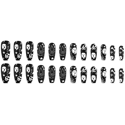 24pcs Halloween Press on Nails with Skull Black Spider Wed Design French Fake Nail Patch Full Cover Wearable False Nail Tips Good Vibrations