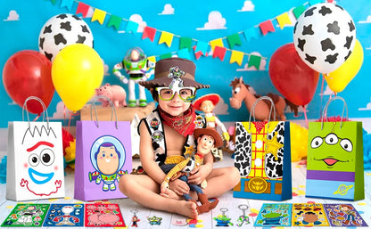 Cartoon Party Favors for Kids, 50pcs Cartoon Birthday Party Favors Set- Cartoon Goodie Bags Key Chains Stickers Photo Props etc Good Vibrations