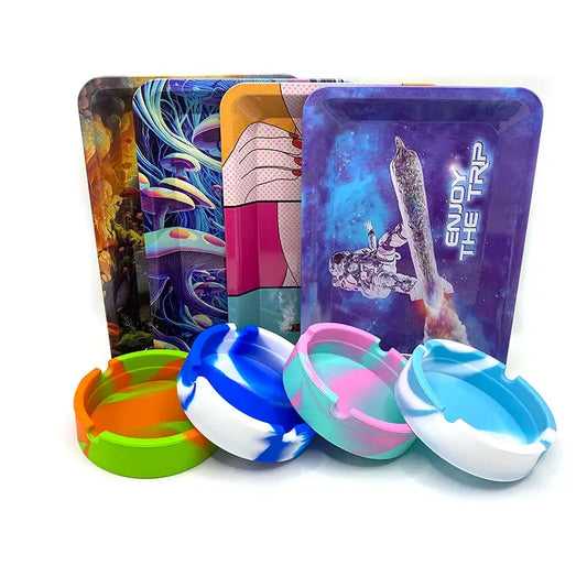 Herb Tinplate Plate with Rolling Tray 180X125MM Silicone Soft Round Ashtray Ash Tray Cigarette Holder Smoking Accessories GOOD Vibrations Adult Super Store