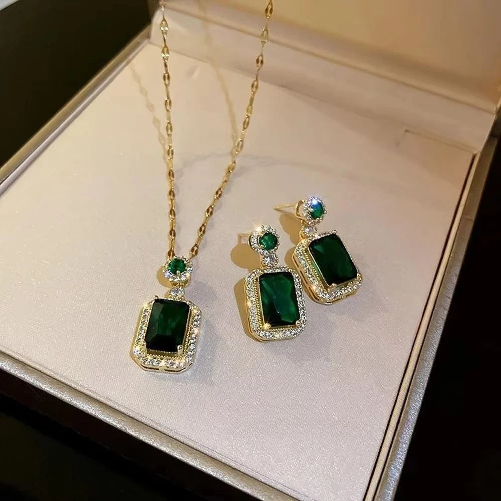 Classic Women's Three Piece Jewelry Set Statement: Jadeite Ring, Fashion Green Zircon Ring, Earrings, Necklace, Wedding Jewelry Good Vibrations
