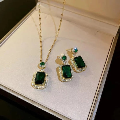 Classic Women's Three Piece Jewelry Set Statement: Jadeite Ring, Fashion Green Zircon Ring, Earrings, Necklace, Wedding Jewelry Good Vibrations