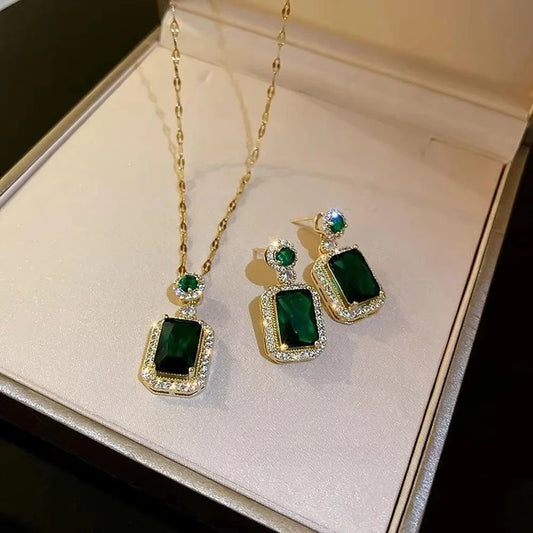 Classic Women's Three Piece Jewelry Set Statement: Jadeite Ring, Fashion Green Zircon Ring, Earrings, Necklace, Wedding Jewelry Good Vibrations