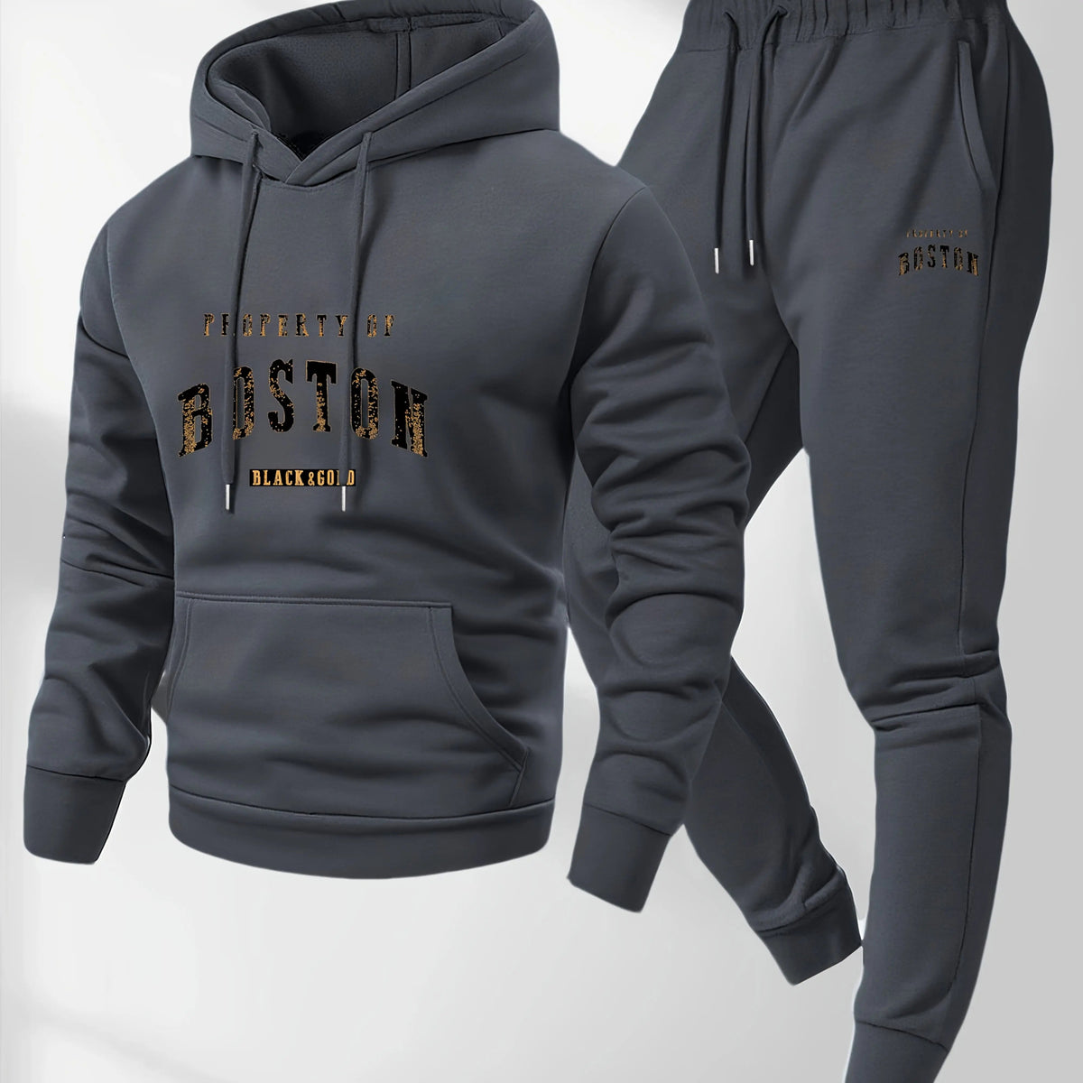 Men's Boston print hooded sweatshirt and sweatpants soft and comfortable thin velvet warm sweatpants set autumn and winter Good Vibrations