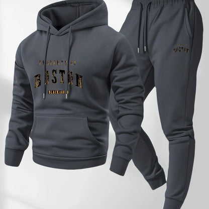 Men's Boston print hooded sweatshirt and sweatpants soft and comfortable thin velvet warm sweatpants set autumn and winter Good Vibrations