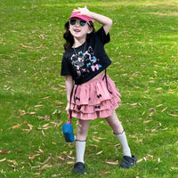 Outfits Y2K Bow Children Cake Skirt Set Pleated Teenagers T-shirt Skirt Suit Sweet Slim Fit Girls Clothes Set Summer Good Vibrations
