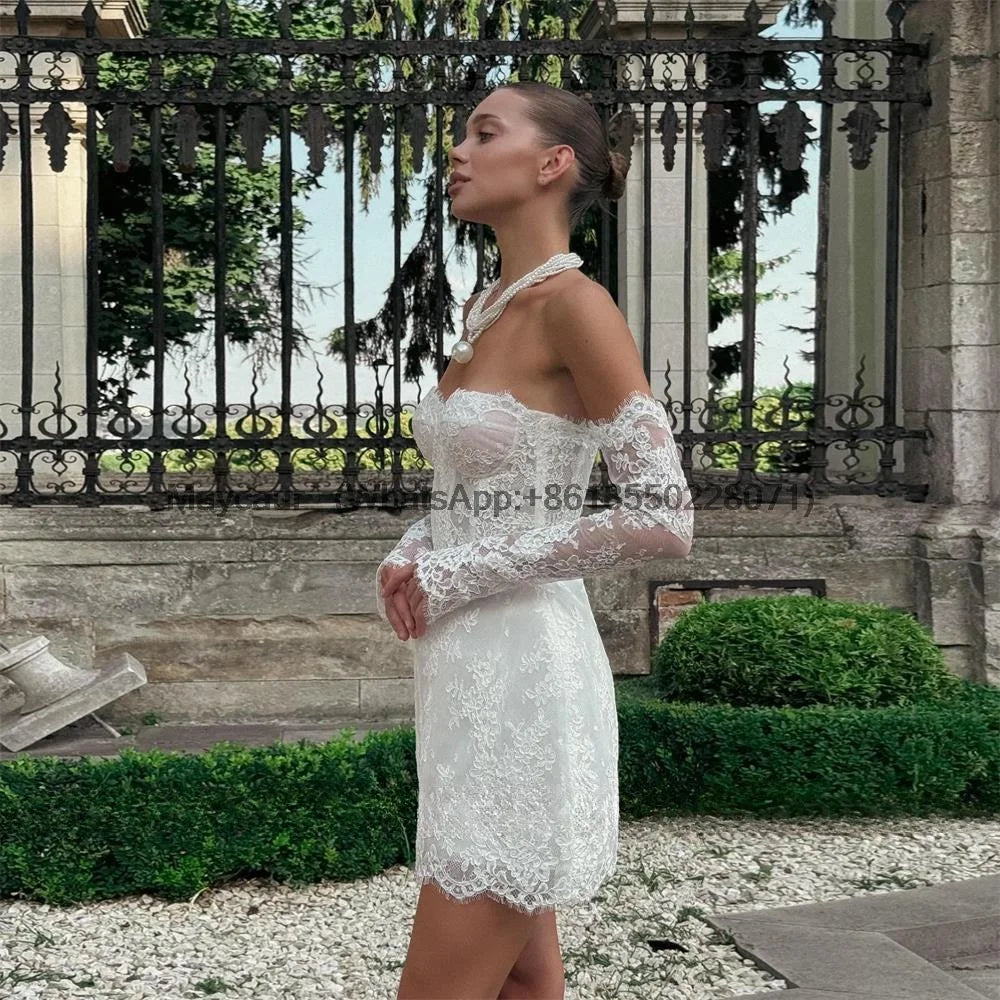 Glamorous A Line Wedding Dress Lace Strapless Removeable Sleeves Celebrate Bridal Gown Short vestidos de novia Customized Good Vibrations