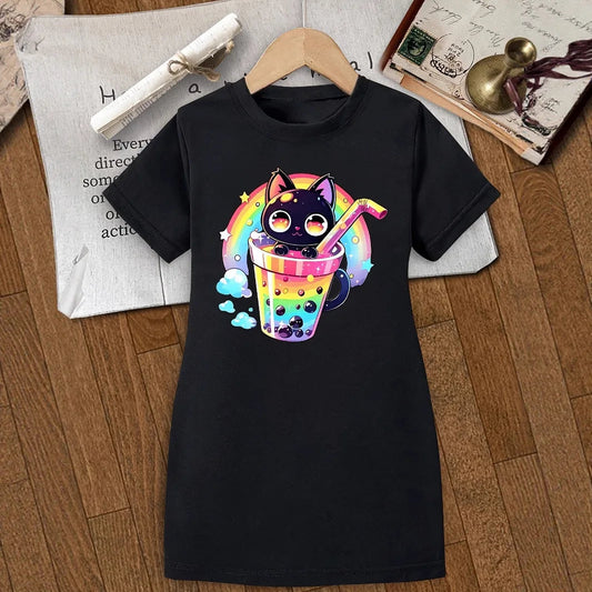Children's Clothing for Girls: Short-Sleeve Long T-Shirt Dress, Ins Style for Older Children, Rainbow Black Cat Pearl Milk Tea Print Short-Sleeve T-Shirt, Suitable for Girls Aged 4-12, Comfortable and Versatile Dress Good Vibrations