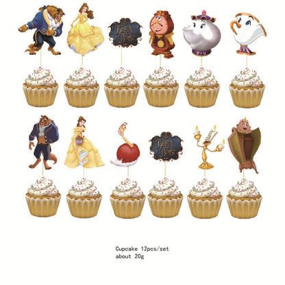 12pcs Cartoon Anime Beauty and the beast Princess Cake Topper Theme candy bar Cupcake Toppers baby shower kids birthday Party Good Vibrations